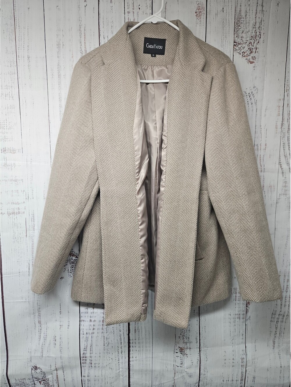 ChouYatou Women’s XL Beige Herringbone Blazer Jacket Lined Open Front